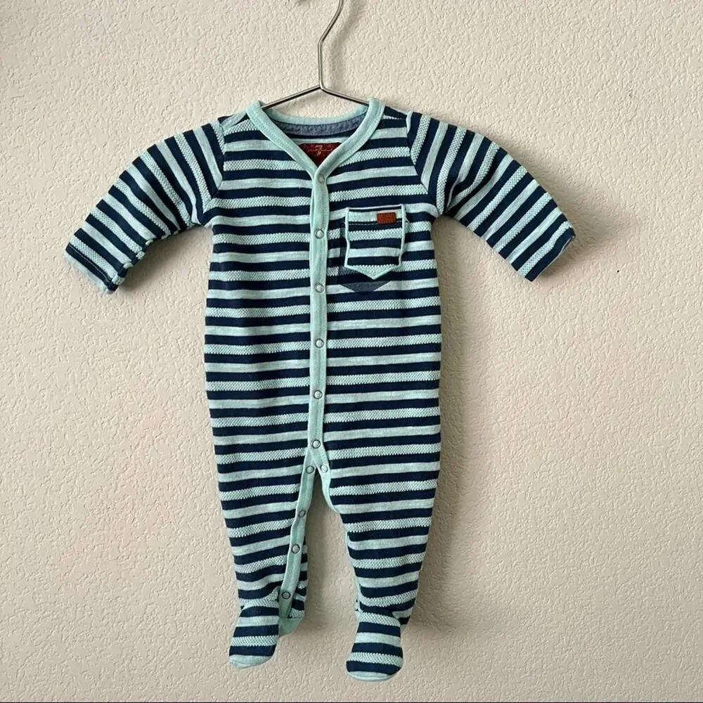 7 For All Mankind 7FAM mint green navy blue stripe ping sleeve footie onesie